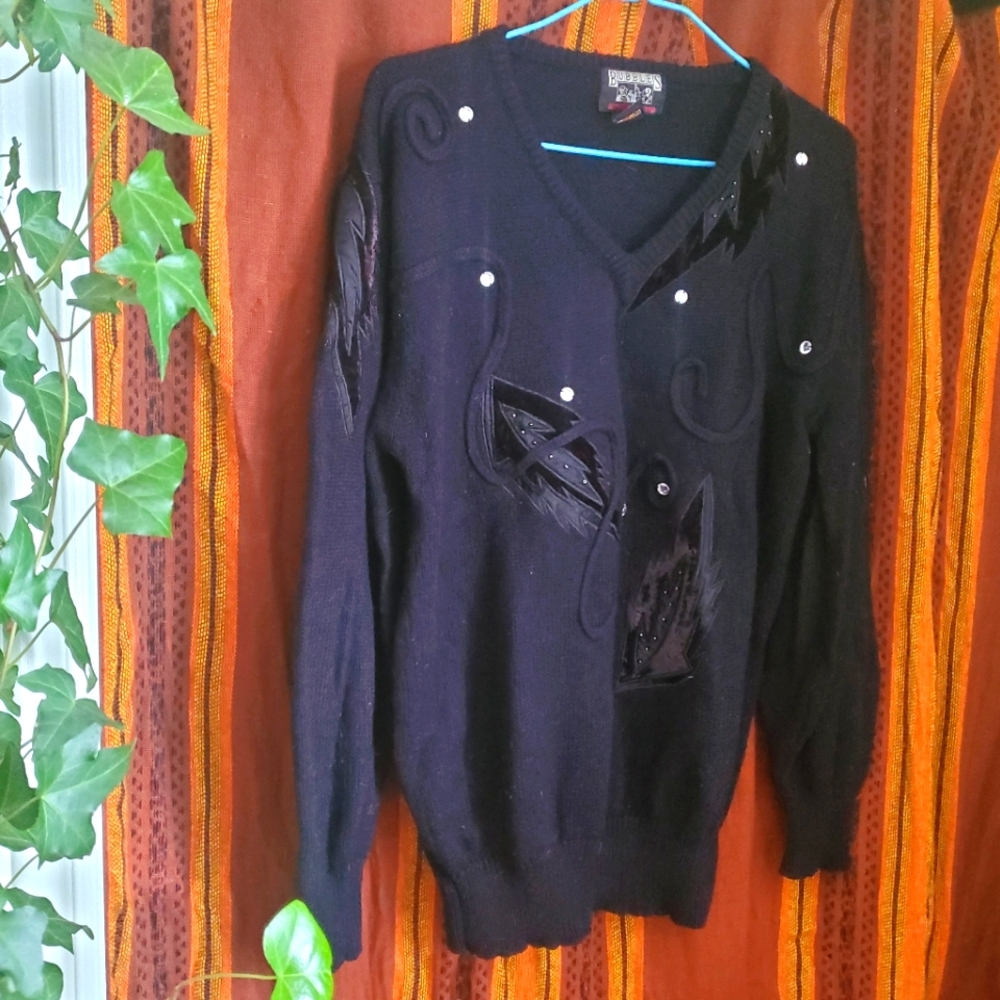 80s new wave sweater with black velvet and beaded feather details vintage
